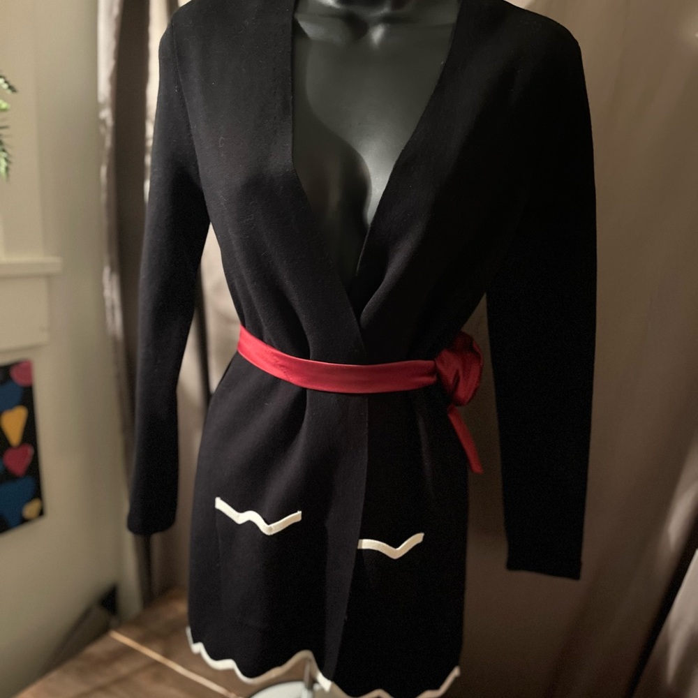 Talbots open black cardigan with white trim size POS belt not included